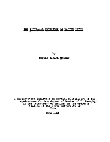 The Fictional Technique of Walter Pater