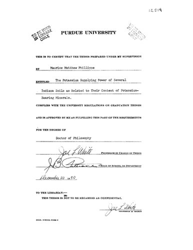 The Potassium Supplying Power of Several Indiana Soils as Related to Their Content of Potassium-Bearing Minerals