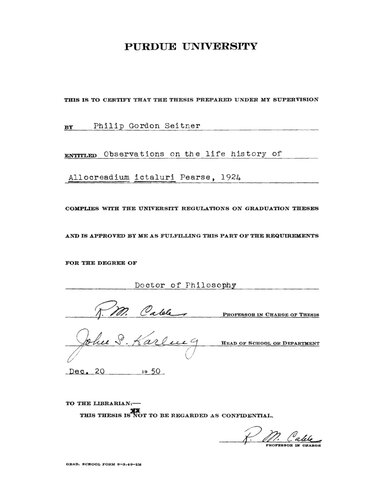 Observations on the Life History of Allocreadium Ictaluri, Pearse, 1924
