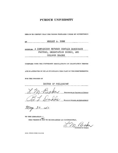 A Comparison Between Certain Rorschach Factors, Orientation Scores, and College Grades
