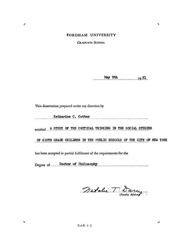 Study of the Critical Thinking in the Social Studies of Sixth Grade Children in the Public Schools of the City of New York