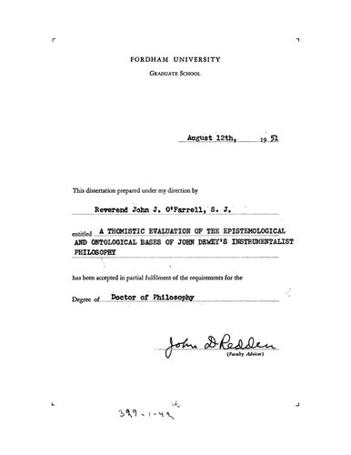 Thomistic Evaluation of the Epistemological and Ontological Bases of John Dewey's Instrumentalist Philosophy