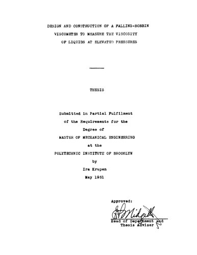 Design and Construction of a Falling-Bobbin Viscometer to Measure the Viscosity of Liquids at Elevated Pressures