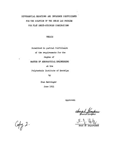 Differential Equations and Influence Coefficients for the Solution of the Shear Lag Problem for Flat Sheet-Stringer Combinations