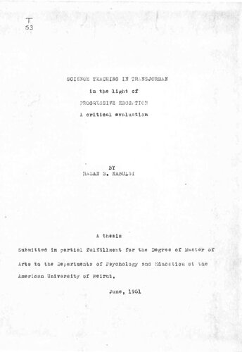 Science Teaching in Transjordan in the Light of Progressive Education a Critical Evaluation