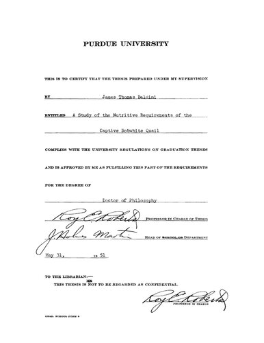 A Study of the Nutritive Requirements of the Captive Bobwhite Quail