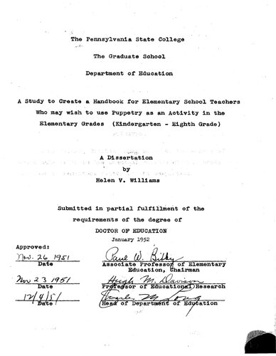 A STUDY FOR THE PURPOSE OF CREATING A HANDBOOK FOR TEACHERS WHO MAY WISH TO USE PUPPETRY AS AN ACTIVITY IN ELEMENTARY GRADES (KINDERGARTEN - EIGHTH GRADE)