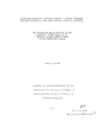 THE DERIVATION AND APPLICATION OF THE PRINCIPLES OF THE WORLD WAR II PHYSICAL RECONDITIONING PROGRAM TO THE UNIVERSITY PROGRAM