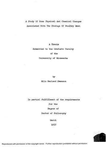 A STUDY OF SOME PHYSICAL AND CHEMICAL CHANGES ASSOCIATED WITH THE STORAGEOF POULTRY MEAT