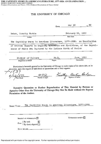 THE CAPTIVITY STORY IN AMERICAN LITERATURE, 1577-1826: AN EXAMINATION OF WRITTEN REPORTS IN ENGLISH, AUTHENTIC AND FICTITIOUS, OF THE EXPERIENCES OF WHITE MEN CAPTURED BY THE INDIANS NORTH OF MEXICO