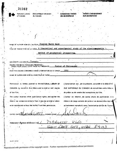 A theoretical and experimental study of the electromagnetic method of geophysical prospecting
