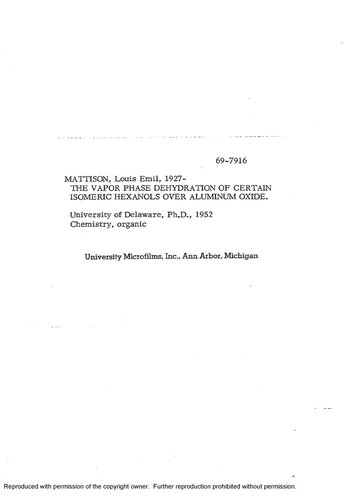 THE VAPOR PHASE DEHYDRATION OF CERTAIN ISOMERIC HEXANOLS OVER ALUMINUM-OXIDE