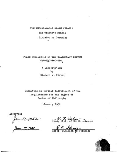 PHASE EQUILIBRIA IN THE QUATERNARY SYSTEM CALCIUM-OXIDE - MAGNESIUM-OXIDE- FERROUS-OXIDE - SILICON-DIOXIDE