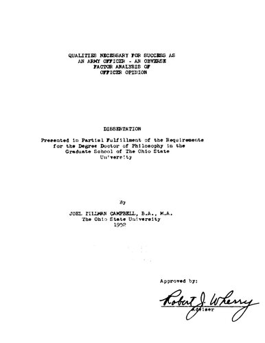 QUALITIES NECESSARY FOR SUCCESS AS AN ARMY OFFICER: AN OBVERSE FACTOR ANALYSIS OF OFFICER OPINION