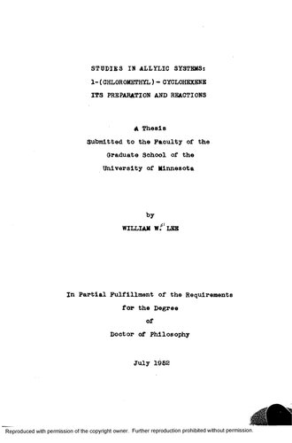 STUDIES IN ALLYLIC SYSTEMS: 1-(CHLOROMETHYL)-CYCLOHEXENE, ITS PREPARATIONAND REACTIONS