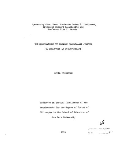THE RELATIONSHIP OF CERTAIN PERSONALITY FACTORS TO PROGNOSIS IN PSYCHOTHERAPY