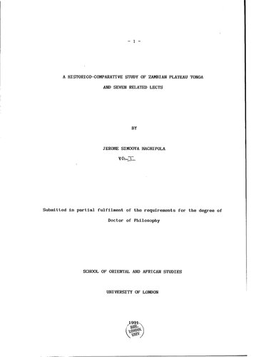 A historico-comparative study of Zambian Plateau Tonga and seven related lects