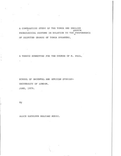 A contrastive study of the Tonga and English phonological systems in relation to the spoken performance of selected groups of Tonga speakers