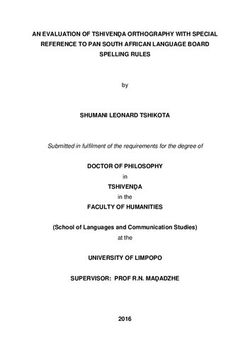 An evaluation of Tshivenḓa orthography with special reference to PAN South African Language Board spelling rules