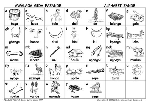 Awalaga gɨda pazande. Alphabet zande, R. D. Congo