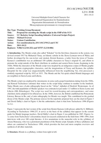 Proposal for encoding the Mende script in the SMP of the UCS