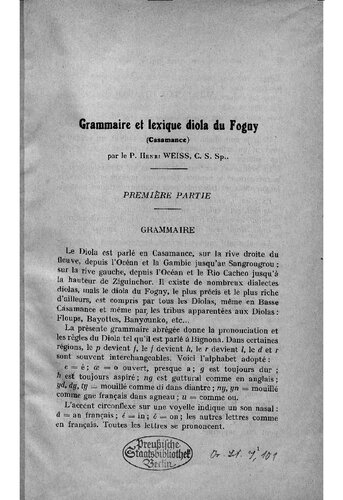 Grammaire et lexique diola du Fogny