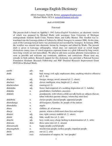 Luwanga-English Dictionary