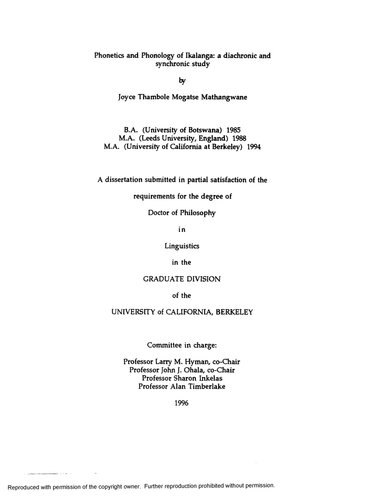 Phonetics and Phonology of Ikalanga: a diachronic and synchronic study