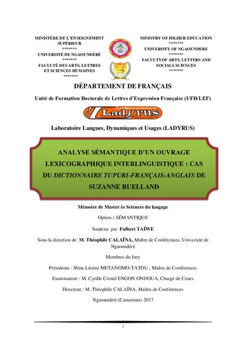 Analyse sémantique dʼun ouvrage lexicographique interlinguistique: cas du dictionnaire tupuri-français-anglais de Suzanne Ruelland