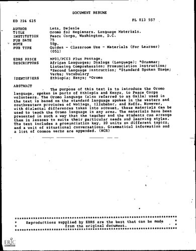 Language materials: Oromo. Oromo for beginners