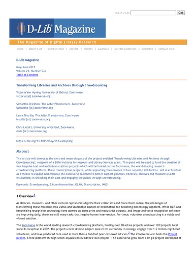 D Lib Mag  Transforming Libraries and Archives through Crowdsourcing