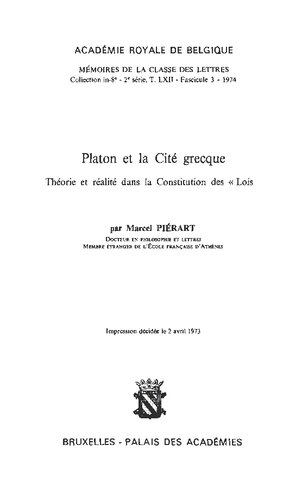 Platon et la cité grecque: théorie et réalité dans la constitution des Lois