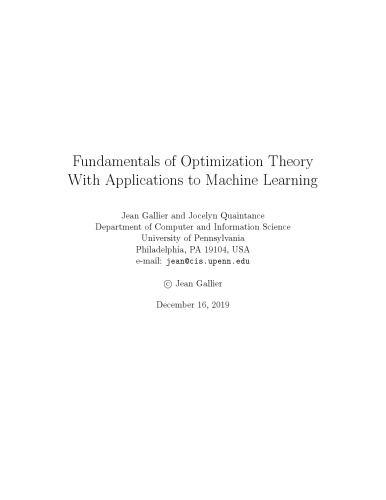 Fundamentals of optimization theory with applications to machine learning