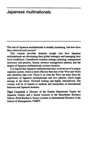 Japanese Multinationals: Strategies and Management in the Global Kaisha