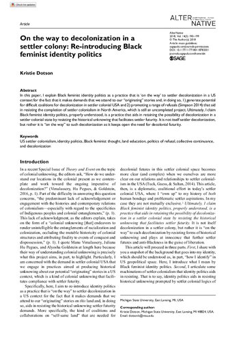 On the way to decolonization in a settler colony: Re-introducing Black feminist identity politics