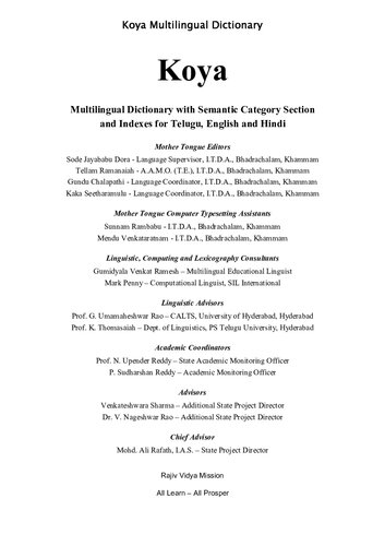 Koya Multilingual Dictionary with Semantic Category Section and Indexes for Telugu, English and Hindi