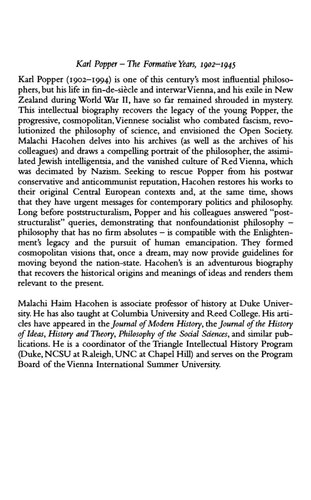 Karl Popper - The Formative Years, 1902 1945: Politics and Philosophy in Interwar Vienna