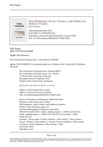 Vital Minimum: Need, Science, and Politics in Modern France