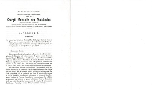 Romana seu Kaunen. Beatificationis et canonizationis servi Dei Georgi Matulewicz-Matulevicius seu Matulaitis. Informatio super dubio