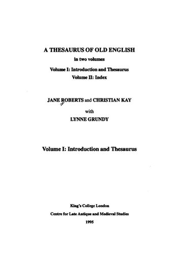 A Thesaurus of Old English in Two Volumes Vol. 1 Introduction and Thesaurus