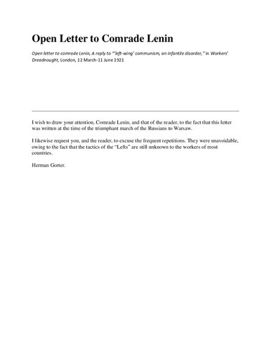 Open Letter To Comrade Lenin