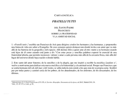 Fratelli Tutti (Todos Hermanos). Sobre la fraternidad y la amistad social