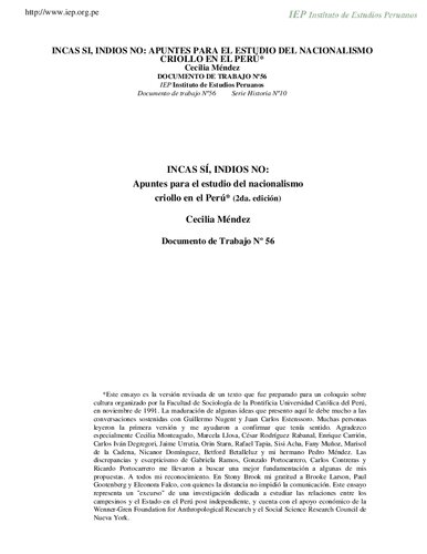 Incas sí, indios no: Apuntes para el estudio del nacionalismo criollo en el Perú