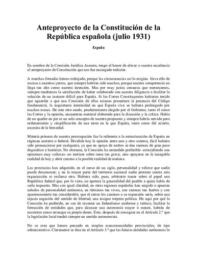 Anteproyecto de la Constitución de la República española (julio 1931)