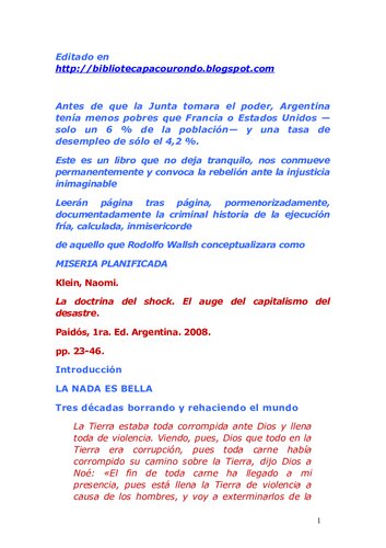 La Doctrina Del Shock El Auge Del Capitalismo Del Desastre