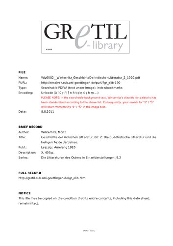 Geschichte der indischen Litteratur. 2, Die buddhistische Litteratur und die heiligen Texte der Jainas