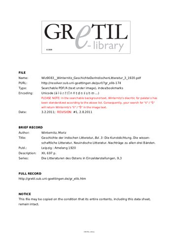 Geschichte der indischen Litteratur 3 Die Kunstdichtung - Die wissenschaftliche Litteratur - Neuindische Litteratur - Nachträge zu allen drei Bänden.