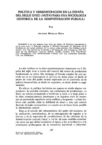 A. Morales Moya. Política y Administración en la España del siglo XVIII (Notas para una sociología histórica de la Administración pública). (E). RAP Núm. 105