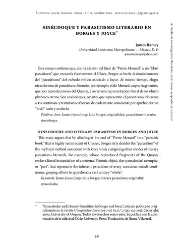 Sinecdoque Y Parasitismo Literario En Borges Y Joyce