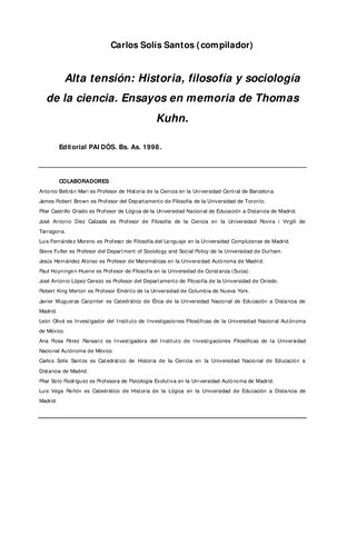 Alta Tension Historia Filosofia Y Sociologia De La Ciencia Ensayos En Memoria De Thomas Kuhn